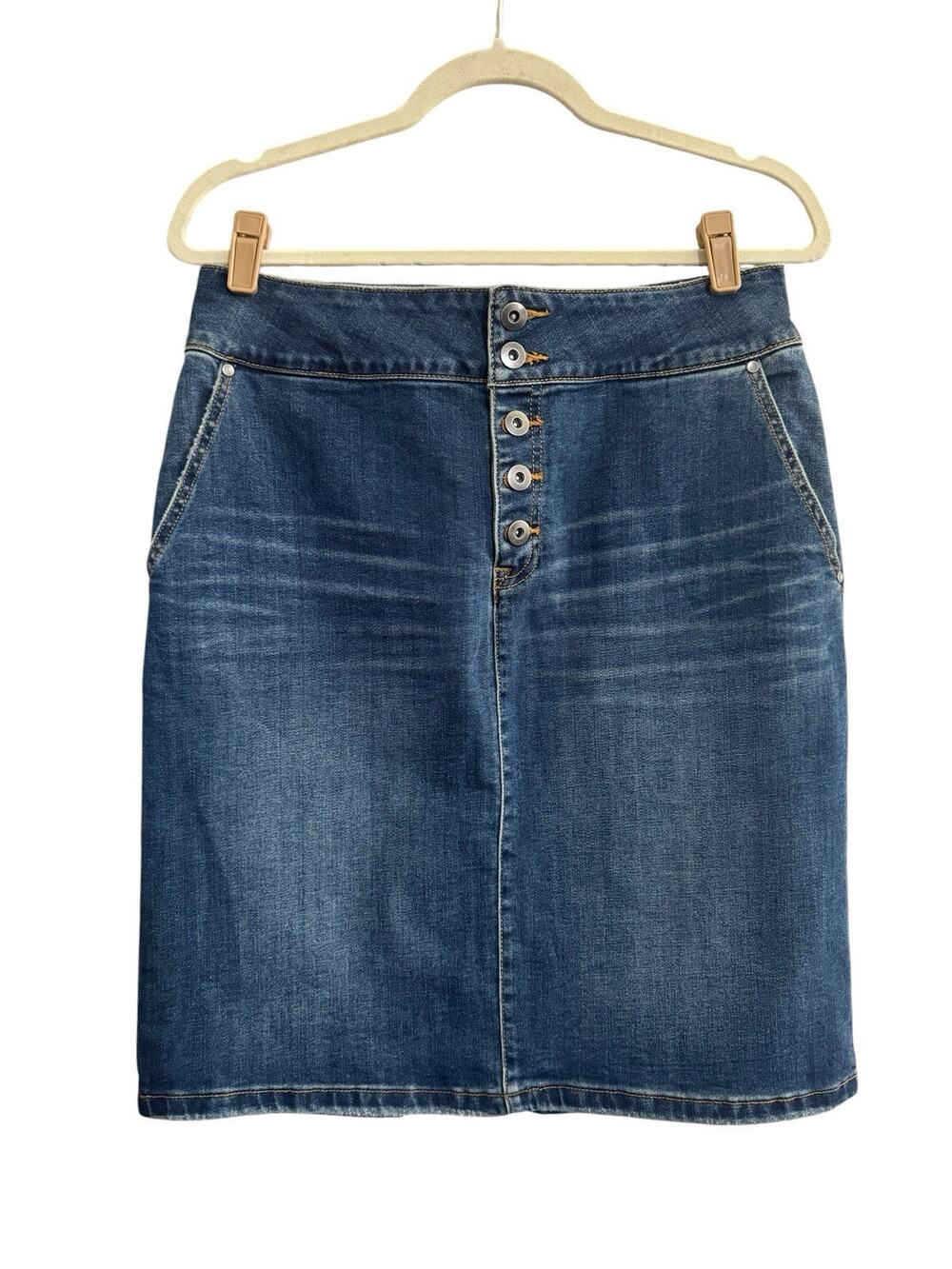 Prana Blue Denim Aubrey Skirt Womens 10 Stretch Jean Pockets Button Fly #7136